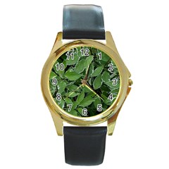 Texture Leaves Light Sun Green Round Gold Metal Watch by BangZart