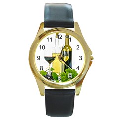 White Wine Red Wine The Bottle Round Gold Metal Watch by BangZart