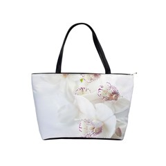 Orchids Flowers White Background Shoulder Handbags by BangZart