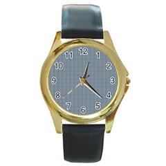 Silent Night Blue Mini Gingham Check Plaid Round Gold Metal Watch by PodArtist