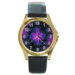 Beautiful Ultraviolet Lilac Orchid Fractal Flowers Round Gold Metal Watch by jayaprime