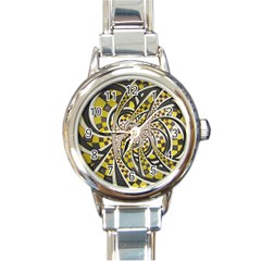 Liquid Taxi Cab, A Yellow Checkered Retro Fractal Round Italian Charm Watch by jayaprime