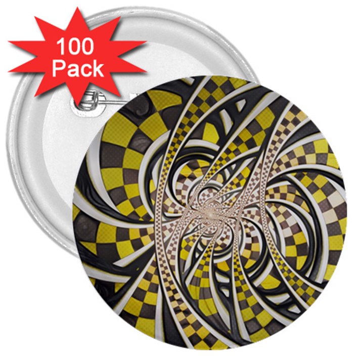 Liquid Taxi Cab, a Yellow Checkered Retro Fractal 3  Buttons (100 pack) 