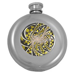 Liquid Taxi Cab, A Yellow Checkered Retro Fractal Round Hip Flask (5 Oz) by jayaprime