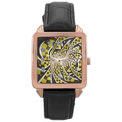 Liquid Taxi Cab, A Yellow Checkered Retro Fractal Rose Gold Leather Watch  by jayaprime