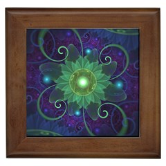 Glowing Blue-green Fractal Lotus Lily Pad Pond Framed Tiles by jayaprime