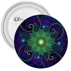 Glowing Blue-green Fractal Lotus Lily Pad Pond 3  Buttons by jayaprime