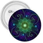 Glowing Blue-Green Fractal Lotus Lily Pad Pond 3  Buttons Front