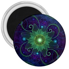 Glowing Blue-green Fractal Lotus Lily Pad Pond 3  Magnets by jayaprime