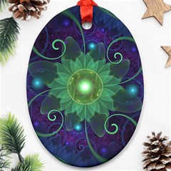 Glowing Blue-green Fractal Lotus Lily Pad Pond Ornament (oval) by jayaprime