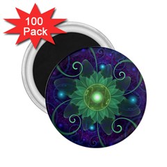 Glowing Blue-green Fractal Lotus Lily Pad Pond 2 25  Magnets (100 Pack)  by jayaprime