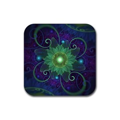 Glowing Blue-green Fractal Lotus Lily Pad Pond Rubber Coaster (square)  by jayaprime