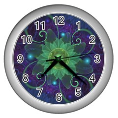 Glowing Blue-green Fractal Lotus Lily Pad Pond Wall Clocks (silver)  by jayaprime