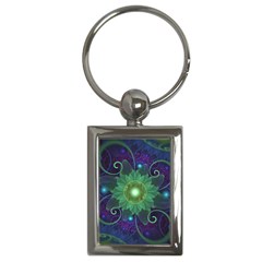 Glowing Blue-green Fractal Lotus Lily Pad Pond Key Chains (rectangle)  by jayaprime