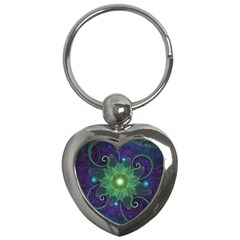 Glowing Blue-green Fractal Lotus Lily Pad Pond Key Chains (heart)  by jayaprime