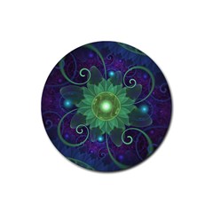 Glowing Blue-green Fractal Lotus Lily Pad Pond Rubber Coaster (round)  by jayaprime