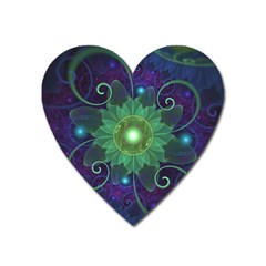 Glowing Blue-green Fractal Lotus Lily Pad Pond Heart Magnet by jayaprime