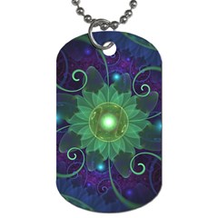 Glowing Blue-green Fractal Lotus Lily Pad Pond Dog Tag (two Sides) by jayaprime