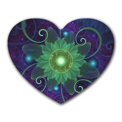 Glowing Blue-green Fractal Lotus Lily Pad Pond Heart Mousepads by jayaprime