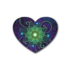 Glowing Blue-green Fractal Lotus Lily Pad Pond Rubber Coaster (heart)  by jayaprime