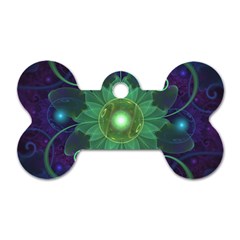 Glowing Blue-green Fractal Lotus Lily Pad Pond Dog Tag Bone (one Side) by jayaprime