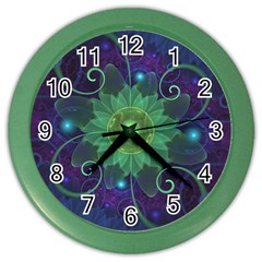 Glowing Blue-green Fractal Lotus Lily Pad Pond Color Wall Clocks by jayaprime