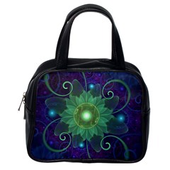 Glowing Blue-green Fractal Lotus Lily Pad Pond Classic Handbags (one Side) by jayaprime