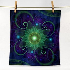 Glowing Blue-green Fractal Lotus Lily Pad Pond Face Towel by jayaprime