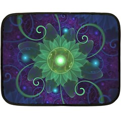 Glowing Blue-green Fractal Lotus Lily Pad Pond Fleece Blanket (mini) by jayaprime