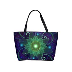 Glowing Blue-green Fractal Lotus Lily Pad Pond Shoulder Handbags by jayaprime