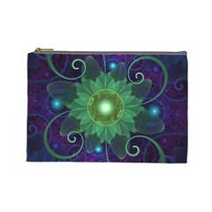 Glowing Blue-green Fractal Lotus Lily Pad Pond Cosmetic Bag (large)  by jayaprime