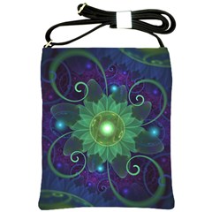 Glowing Blue-green Fractal Lotus Lily Pad Pond Shoulder Sling Bags by jayaprime