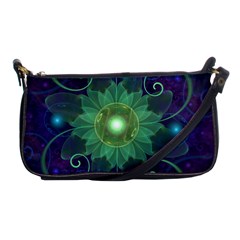 Glowing Blue-green Fractal Lotus Lily Pad Pond Shoulder Clutch Bags by jayaprime