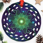 Glowing Blue-Green Fractal Lotus Lily Pad Pond Round Filigree Ornament (Two Sides) Front