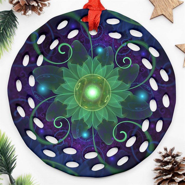 Glowing Blue-Green Fractal Lotus Lily Pad Pond Round Filigree Ornament (Two Sides)