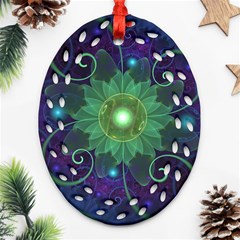 Glowing Blue-green Fractal Lotus Lily Pad Pond Oval Filigree Ornament (two Sides) by jayaprime