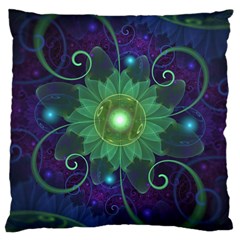 Glowing Blue-green Fractal Lotus Lily Pad Pond Large Cushion Case (two Sides) by jayaprime