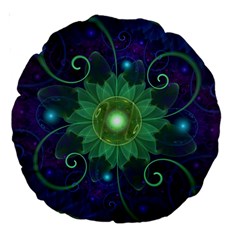 Glowing Blue-green Fractal Lotus Lily Pad Pond Large 18  Premium Round Cushions by jayaprime