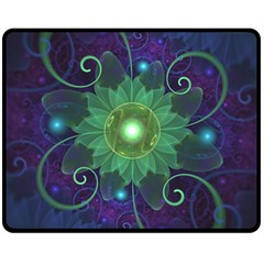 Glowing Blue-green Fractal Lotus Lily Pad Pond Double Sided Fleece Blanket (medium)  by jayaprime