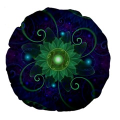 Glowing Blue-green Fractal Lotus Lily Pad Pond Large 18  Premium Flano Round Cushions by jayaprime