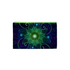 Glowing Blue-green Fractal Lotus Lily Pad Pond Cosmetic Bag (xs) by jayaprime