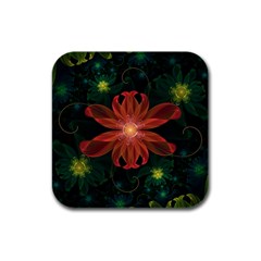 Beautiful Red Passion Flower In A Fractal Jungle Rubber Square Coaster (4 Pack)  by jayaprime