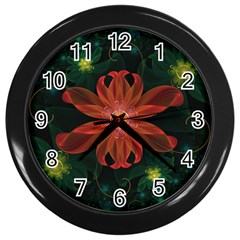 Beautiful Red Passion Flower In A Fractal Jungle Wall Clocks (black) by jayaprime