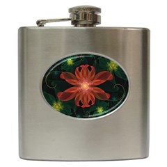 Beautiful Red Passion Flower In A Fractal Jungle Hip Flask (6 Oz) by jayaprime