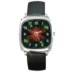 Beautiful Red Passion Flower In A Fractal Jungle Square Metal Watch