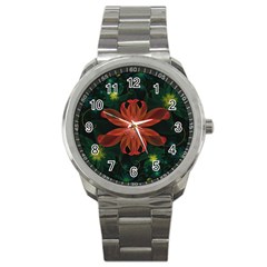 Beautiful Red Passion Flower In A Fractal Jungle Sport Metal Watch by jayaprime