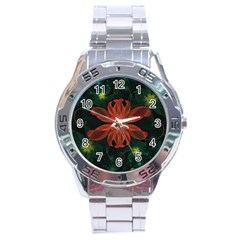 Beautiful Red Passion Flower In A Fractal Jungle Stainless Steel Analogue Watch by jayaprime