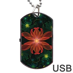 Beautiful Red Passion Flower In A Fractal Jungle Dog Tag Usb Flash (one Side) by jayaprime