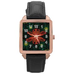 Beautiful Red Passion Flower In A Fractal Jungle Rose Gold Leather Watch  by jayaprime