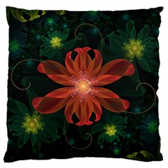 Beautiful Red Passion Flower In A Fractal Jungle Large Flano Cushion Case (two Sides) by jayaprime